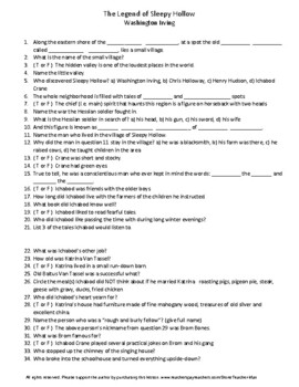 Preview of Middle School Legend of Sleepy Hollow Washington Irving Guided Reading Worksheet