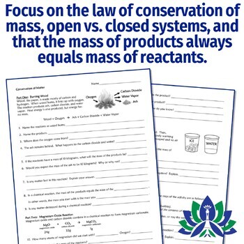 Middle School Level Law of Conservation of Matter Worksheet NGSS MS PS1 5