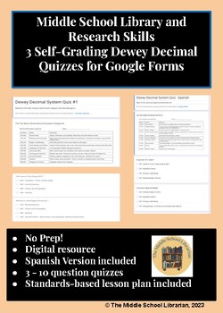 Preview of Middle School Library Research Skills Lessons Digital Dewey Decimal Quizzes