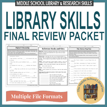 Preview of Middle School Library Research Skills Final Review Printable Worksheet Packet
