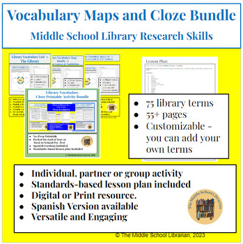 Preview of Middle School Library Research Skills Vocabulary Digital/Printable Super Bundle