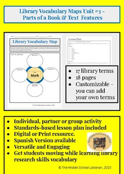 Preview of Middle School Library Skills Maps Unit #3 Parts of a Book & Text Features