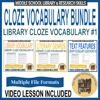 Preview of Middle School Library Skills Printable Cloze Vocabulary Lesson Bundle