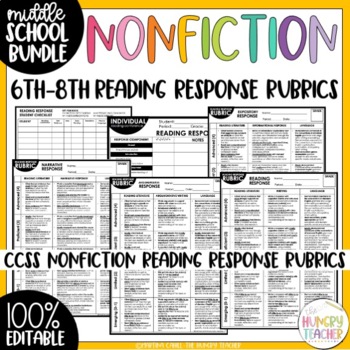 Preview of Middle School Literary Nonfiction Reading Response Rubrics Editable Bundle