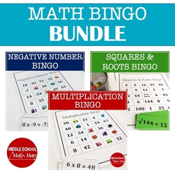 Preview of Math Bingo Game Bundle | Square Roots, Negative Number, and Multiplication Facts
