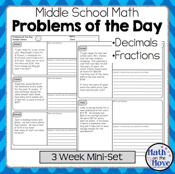 Preview of Daily Word Problems for Middle School Math - Decimal and Fraction Mini-Set