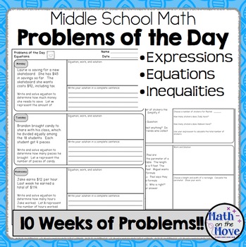 Preview of Daily Word Problems for Middle School Math - Expressions, Equations, Inequalites