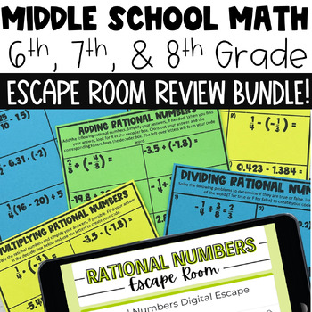 Preview of Middle School Math Escape Room Review Bundle | End Of Year State Testing Review