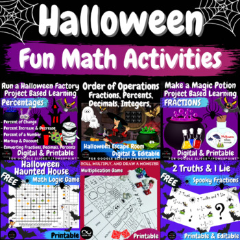 Preview of Middle School Math Halloween Math Bundle Fractions Percents Decimals Integers