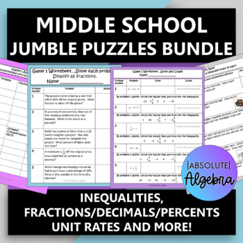 Preview of Middle School Math Jumble Puzzles Activity  Bundle 