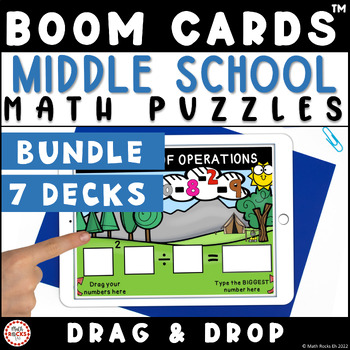 Preview of Middle School Math Puzzle Multiplication BEDMAS PEMDAS Boom Cards™ Bundle 5th