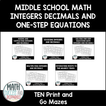 Preview of Middle School Math Integers Decimals and One-Step Equations Print and Go Mazes