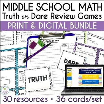 Preview of Middle School Math Review Games Truth or Dare Print and Digital Resources