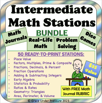 Preview of Middle School Math Stations/Centers BUNDLE (50 Pgs): Grades 5-7 with FREE Rubric