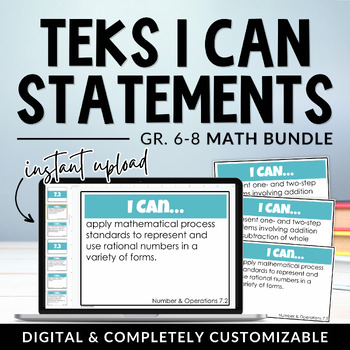 Preview of Middle School Math TEKS I Can Statements Posters Bundle | Digital + Editable