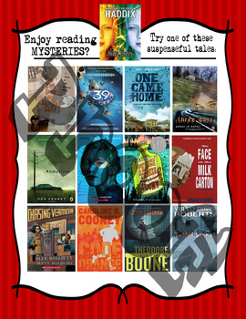 Preview of Middle School Mystery Reads!!  Book Recommendations Poster
