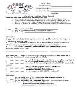 Preview of Expository Research Peer-Editing Essay Checklist