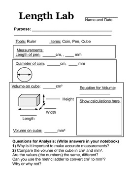 Preview of Middle School Physical Science Length Lab with Worksheet and Instruction