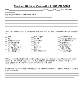 Preview of Middle School Play Audition Form