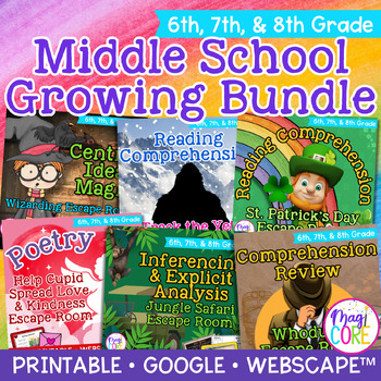 Preview of Middle School Reading Comprehension Escape Room GROWING Bundle 6th 7th 8th