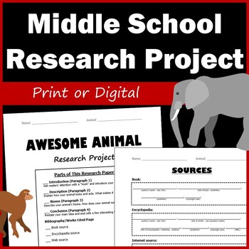 Preview of Middle School Research Project - Animals - Printable and Digital