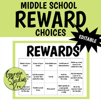 Preview of Middle School Reward Choice Chart