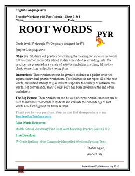 Preview of Middle School Root Word Practice Sheets 3 & 4