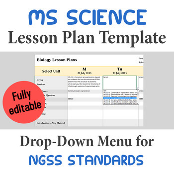 Preview of Middle School Science Lesson Plan Template - Drop Down NGSS Standards