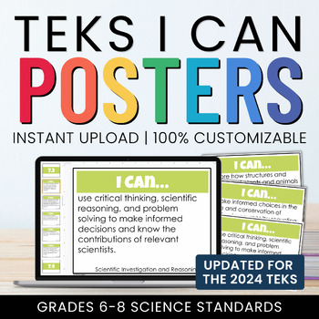 Preview of Middle School Science TEKS I Can Statements Posters Bundle | Digital + Editable