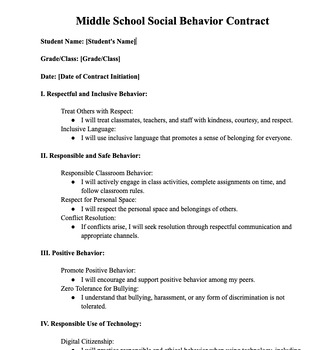 Preview of Middle School Social Behavior Contract