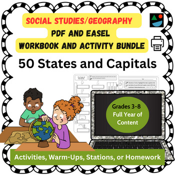 Preview of Middle School Social Studies 50 States Geography Workbook PDF OR EASEL Full-Year