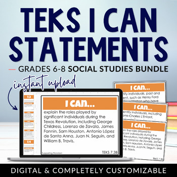 Preview of Middle School Social Studies TEKS I Can Statements Bundle Digital + Editable