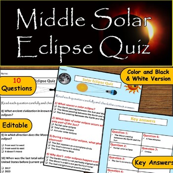 Preview of Middle School Solar Eclipse Quiz: 10 Question & Key Answers – April 8th, 2024