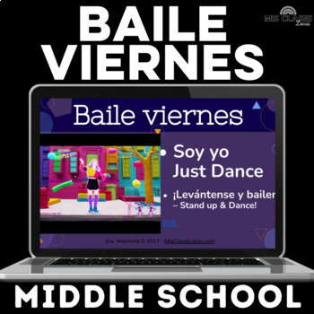 Preview of Middle School Spanish class dance brain break slides for 1 year of baile viernes