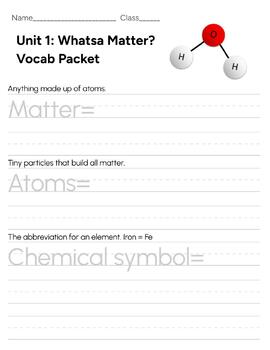 Preview of Middle School Structure of Matter Vocabulary Packet to Scaffold Handwriting