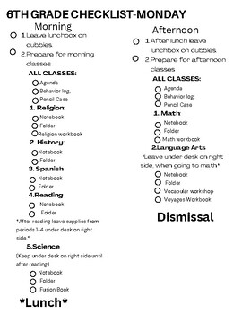Preview of Middle School - Student Class/Supplies Checklist