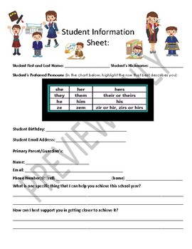 Preview of Middle School ELA Student Information Sheet