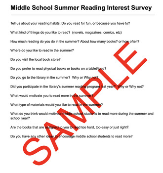 Preview of Middle School Summer Reading Interest Survey