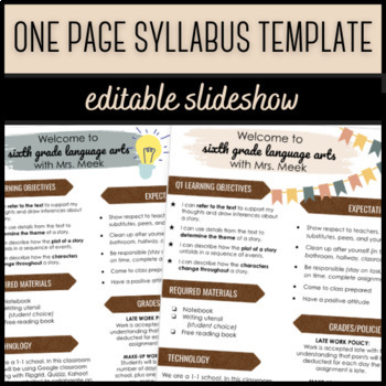 Preview of Middle School Syllabus One Page / Editable Template / High School Syllabus