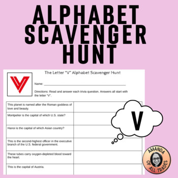 Preview of Middle School Trivia Teambuilding The Letter V Alphabet Scavenger Hunt Quiz Bowl