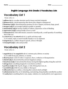 Preview of Middle School Vocabulary Lists - 6th to 8th Grade - 48 Lists - 480 Words
