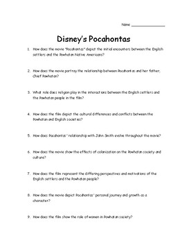 Preview of Middle School -- World Studies --- Disney's Pocahontas Movie Worksheet