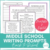 Middle School Writing Prompts - Back to School - Digital a