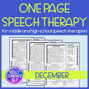 Preview of Middle School and High School One Page Speech Therapy Activities for December