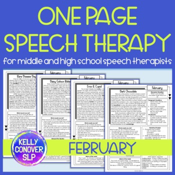 Preview of Middle School and High School One Page Speech Therapy Activities for February