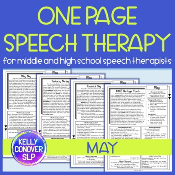 Preview of Middle School and High School One Page Speech Therapy Activities for May