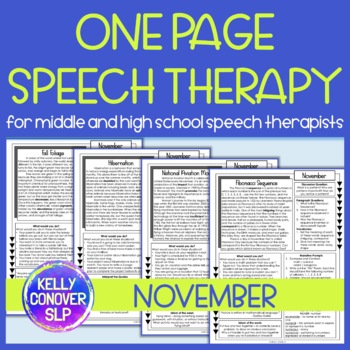 Preview of Middle School and High School One Page Speech Therapy Activities for November