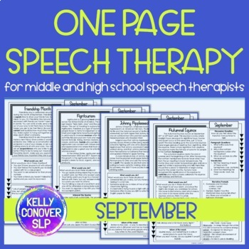 Preview of Middle School and High School One Page Speech Therapy Activities for September