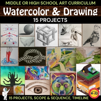Preview of Middle School or High School Art Curriculum, Drawing & Watercolor, 15 Projects