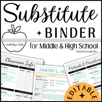 Preview of Middle School or High School Substitute Notes | Editable Sub Binder Templates
